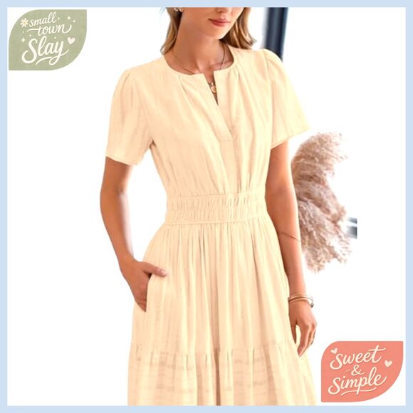 Lightweight Maxi Dress with Pockets, V-Neck, Elastic Waist - Summer Boho - Picture 6 of 7